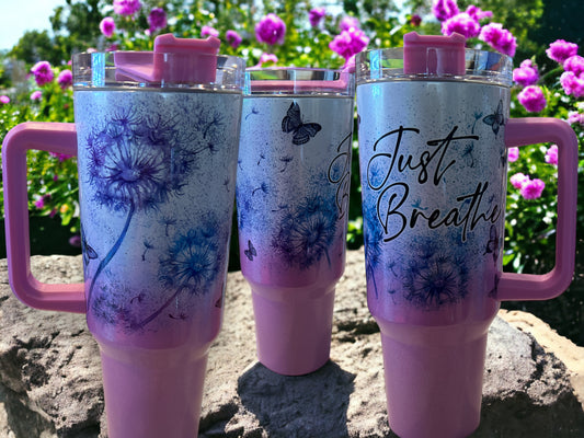 40oz Stanley Style Thirst Quencher Tumblers - pink/white holographic, shimmer sparkle- Just Breath