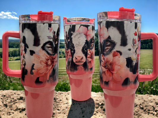 40oz Stanley Style Thirst Quencher Tumblers - Pink Cows (cow #7)