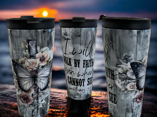 20oz Coffee Travel Tumbler with dual lids - I will walk by Faith when I cannot see