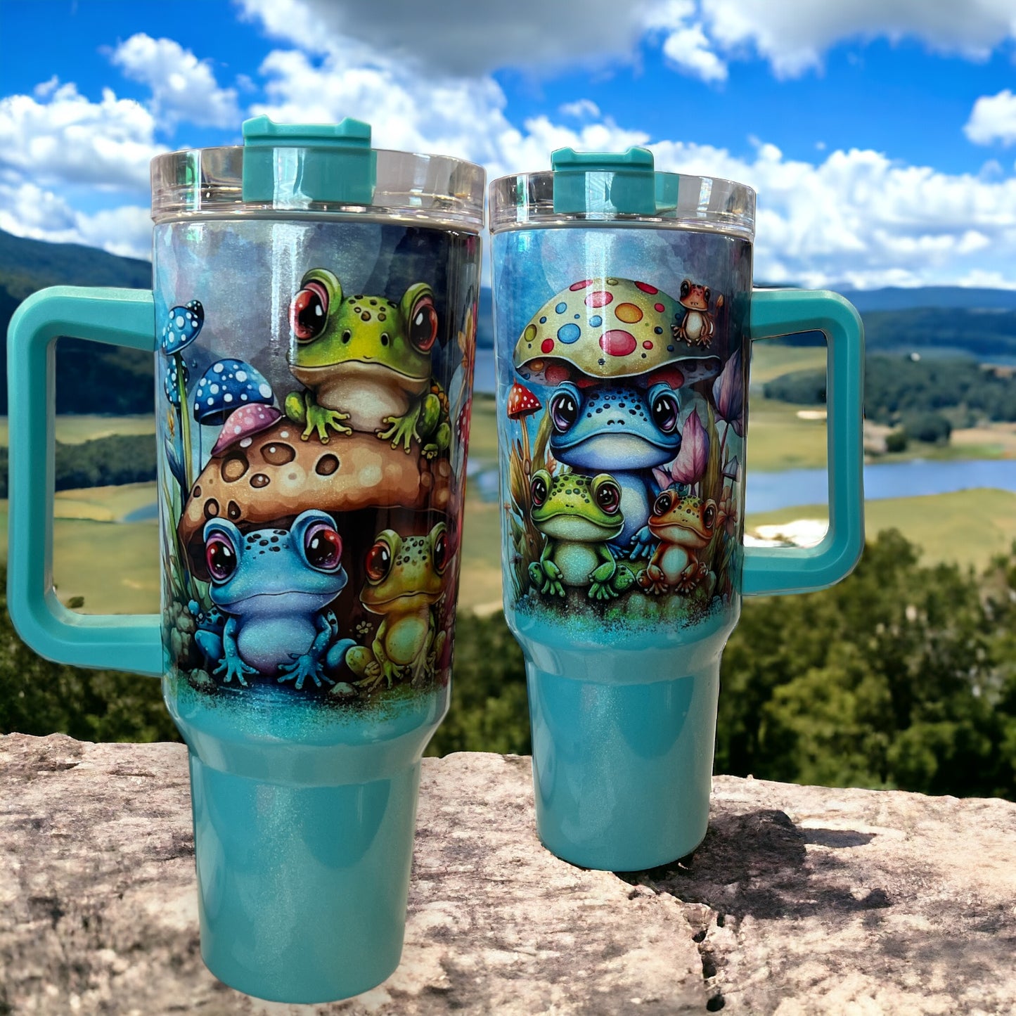 40oz Stanley Style Thirst Quencher Tumblers - Frog Teal/white holographic shimmer