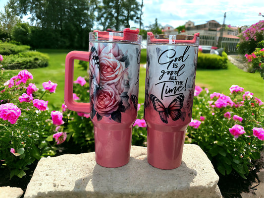 40oz Stanley Style Thirst Quencher Tumblers - God is good all the time -light pink/white holographic shimmer sparkle