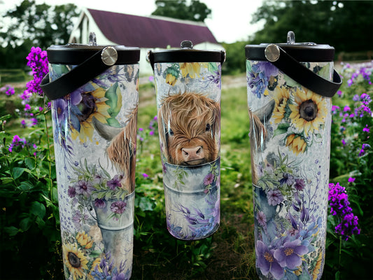 20oz Water Bottles - Purple flowers Cow in tub