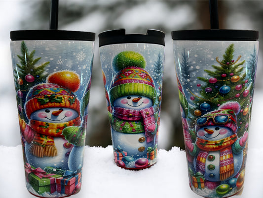 16oz - Travel Tumbler with dual lids - kids snowman with beanies