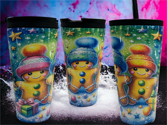 16oz - Travel Tumbler with dual lids - gingerbread man with beanies