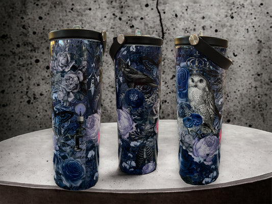 20oz Water Bottles -purple flowers skulls Raven