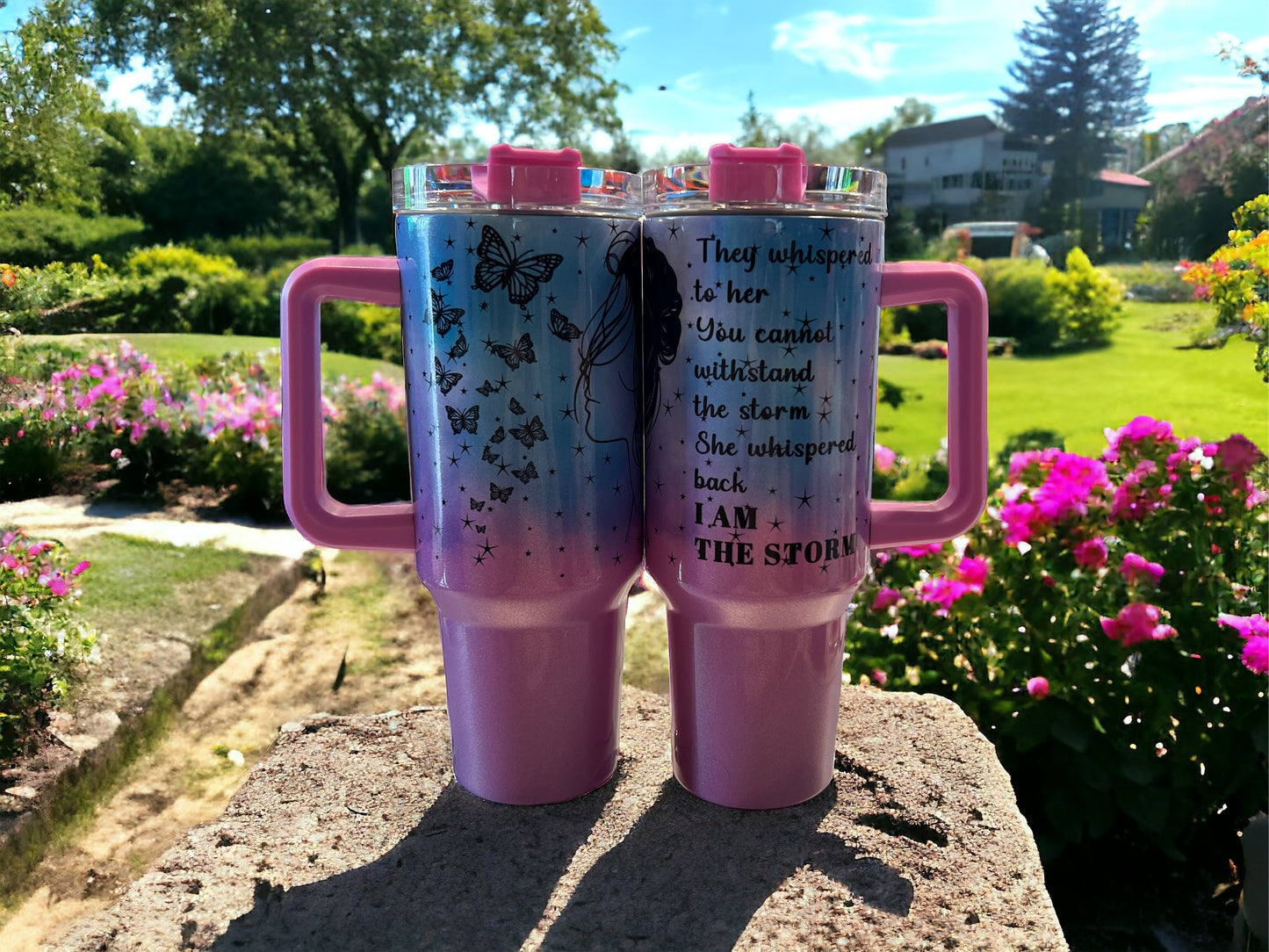 40oz Stanley Style Thirst Quencher Tumblers - I’m am the storm -pink/white holographic sparkle