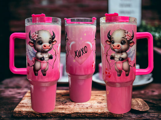 40oz Stanley Style Thirst Quencher Tumblers -valentines Cupid cow, pink/white, holographic sparkle