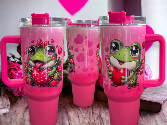 40oz Stanley Style Thirst Quencher Tumblers -valentines frog, pink/white, holographic sparkle