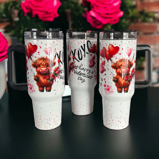 40oz Stanley Style Thirst Quencher Tumblers -valentine cow with flowers