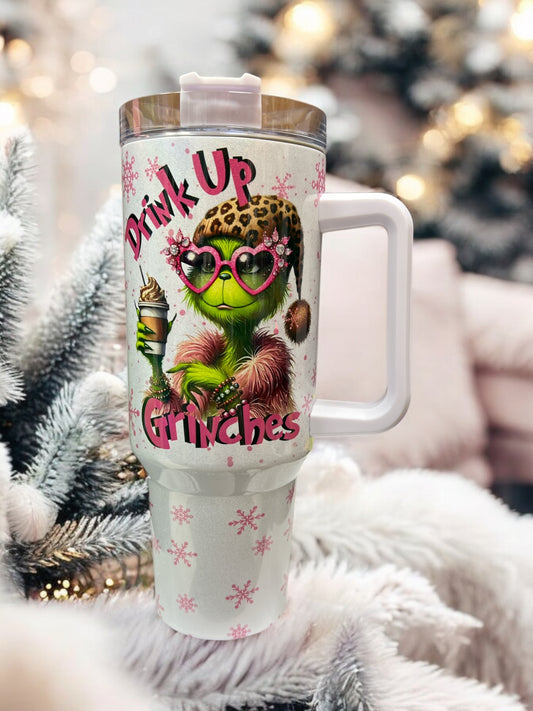 40oz HOLOGRAPHIC Shimmer Stanley Style- Pink Glasses  Green Women Christmas