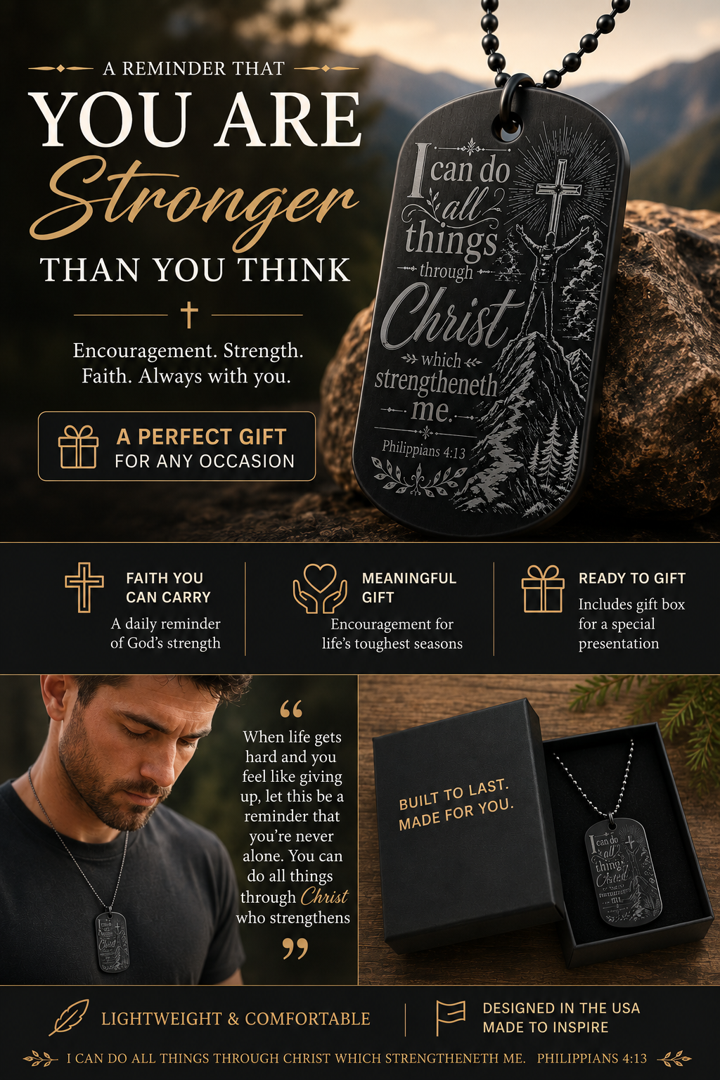 A promotional collage for a engraved dog tag necklace with a black chain and box. The main product shown is a dark metal tag with a cross and inspirational Bible verse text, displayed over a mountain background.