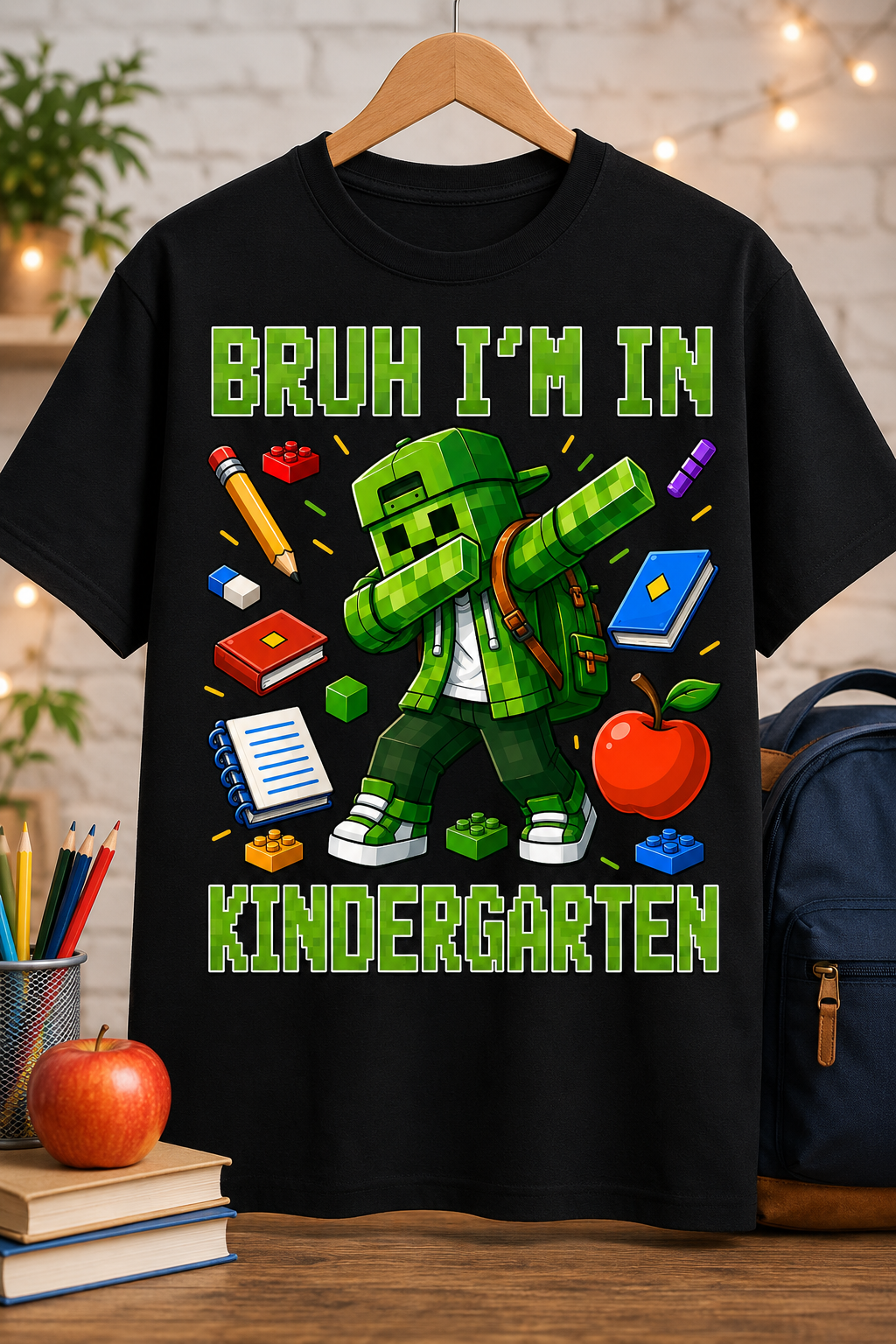 A black short-sleeve graphic T-shirt hanging on a wooden hanger against a softly blurred classroom-like background. The shirt features a green pixelated cartoon character in the center with the text 'BRUH I'M IN KINDERGARTEN' in large green letters, surrounded by school-themed items like a pencil, notebook, book, apple, and backpack.