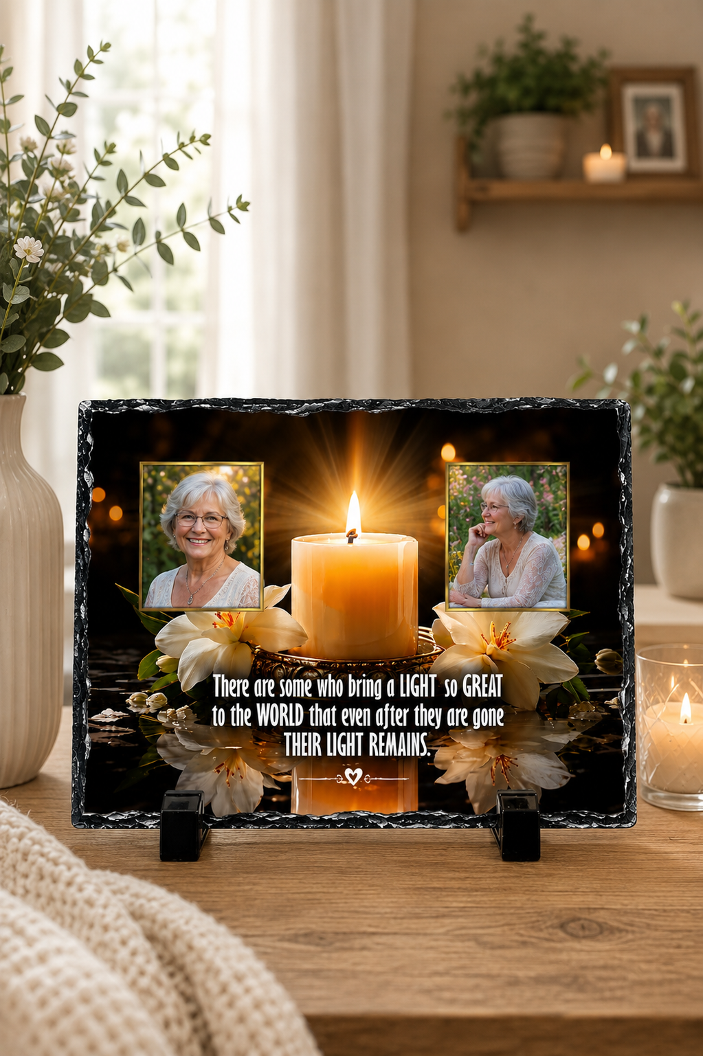 A memorial photo plaque displayed on a wooden table in a warmly lit room. The plaque features two portrait photos of an elderly woman, a large glowing candle, flowers, and a printed remembrance message.