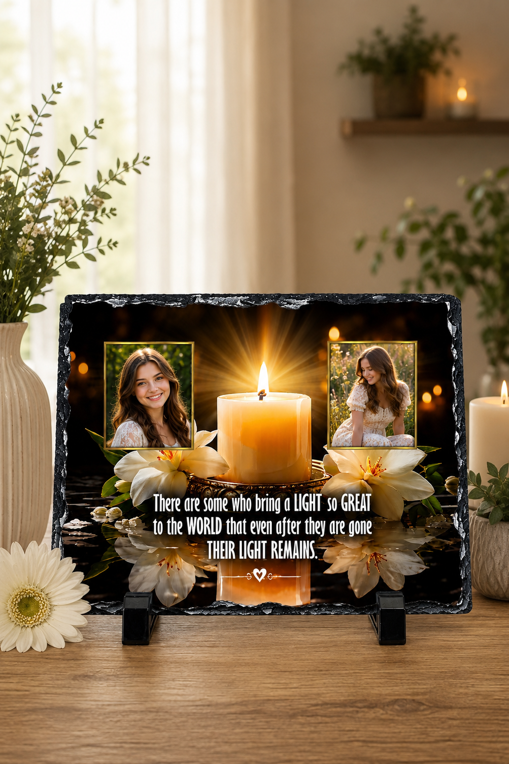A rectangular memorial-style photo plaque or print on a black stand, displayed on a wooden table in a softly lit room. The design shows two portrait photos, a glowing candle, white flowers, and a quote about a light left behind.