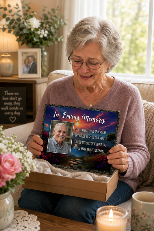 An older woman sitting on a couch in a cozy living room setting, holding an open cardboard gift box. Inside the box is a personalized memorial plaque that reads 'In Loving Memory' with a photo of the woman and a scenic background.