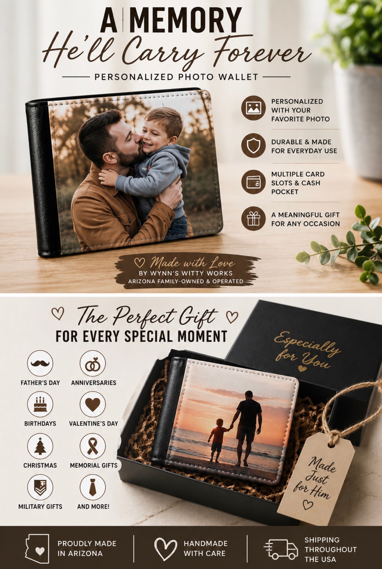 Personalized photo wallet gift set shown in a promotional collage with text overlays. The set includes a black leather wallet with a custom photo insert, a matching black card holder pocket, and a small cash pocket, displayed in gift boxes with tags.