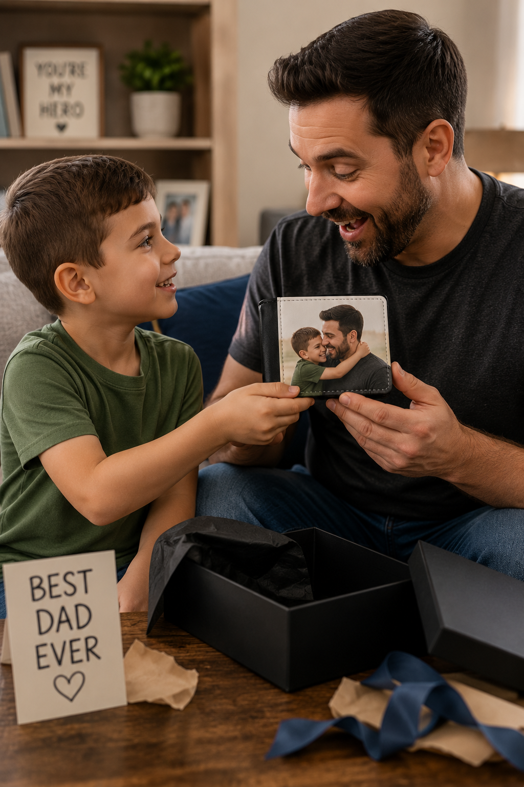A man and a young boy are sitting together on a couch, smiling as the boy hands a small square photo frame to the man. A black gift box with tissue paper is open on the table in front of them, and a small sign reads 'BEST DAD EVER'.