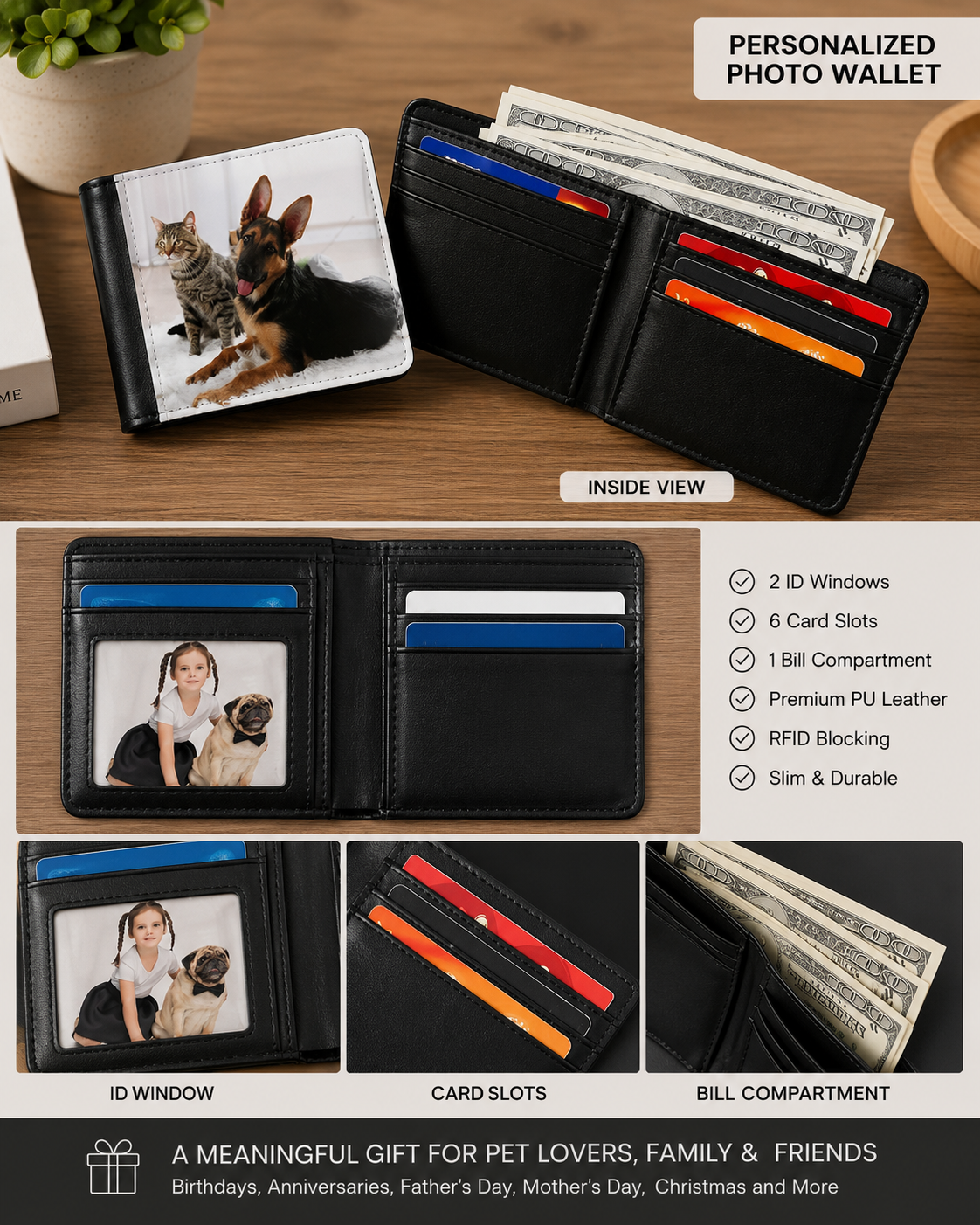 Personalized leather photo wallet showcasing the custom printed front, interior ID window, multiple card slots, and cash compartment. A custom picture wallet for family photos, pets, weddings, anniversaries, Father’s Day, Mother’s Day, birthdays, memorials, and Christmas gifts.