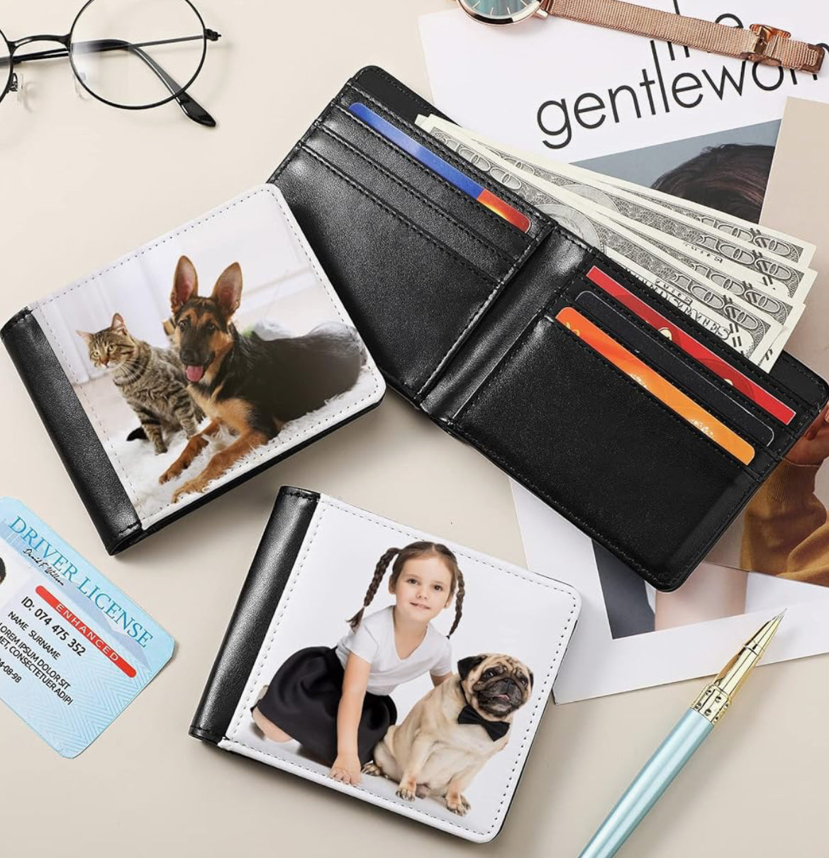 Lifestyle display of personalized photo wallets featuring custom family and pet photos, showcasing the wallet interior with card slots and cash storage. A thoughtful custom gift for husbands, wives, dads, moms, pet lovers, anniversaries, birthdays, memorials, Father’s Day, Mother’s Day, and Christmas.