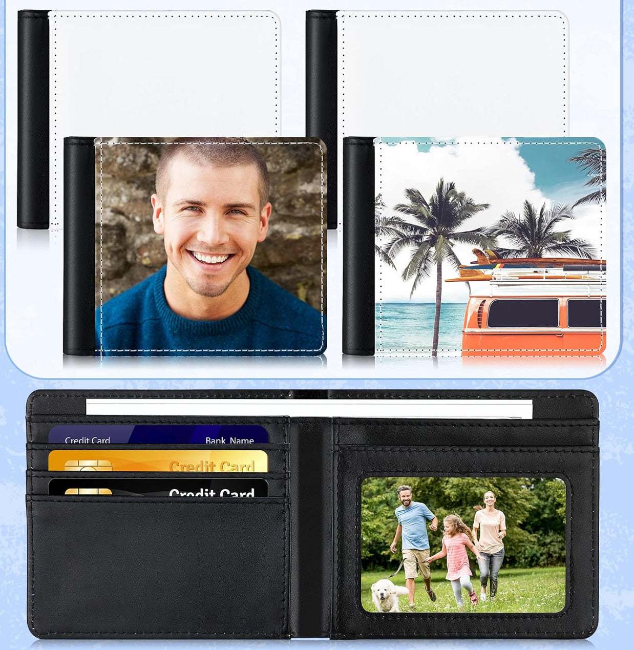 A wife giving her husband a personalized leather photo wallet featuring their wedding picture in a cozy home setting. A meaningful custom gift for anniversaries, weddings, Valentine’s Day, birthdays, Christmas, or just because, handcrafted with care to celebrate lasting love.