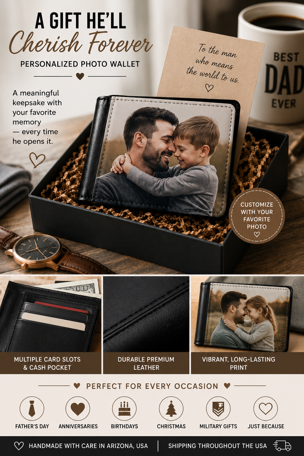 A promotional collage for a personalized photo wallet gift box. The main hero panel shows an open black leather wallet-style gift box filled with shredded brown paper, containing a printed photo of a man and child, with a small kraft card and watch nearby.
