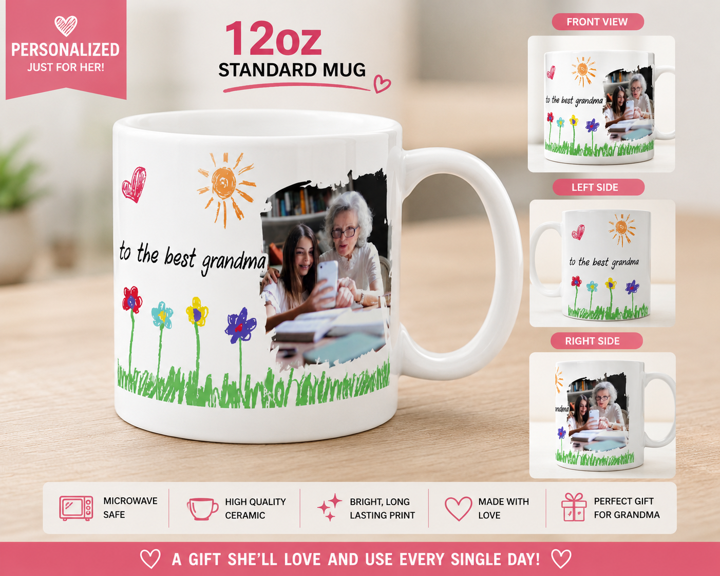 Personalized mug with photo of two people and floral design, on a wooden surface.