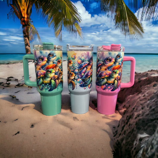 40oz Stanley Style Thirst Quencher Tumblers- Sea Turtle holographic sparkle