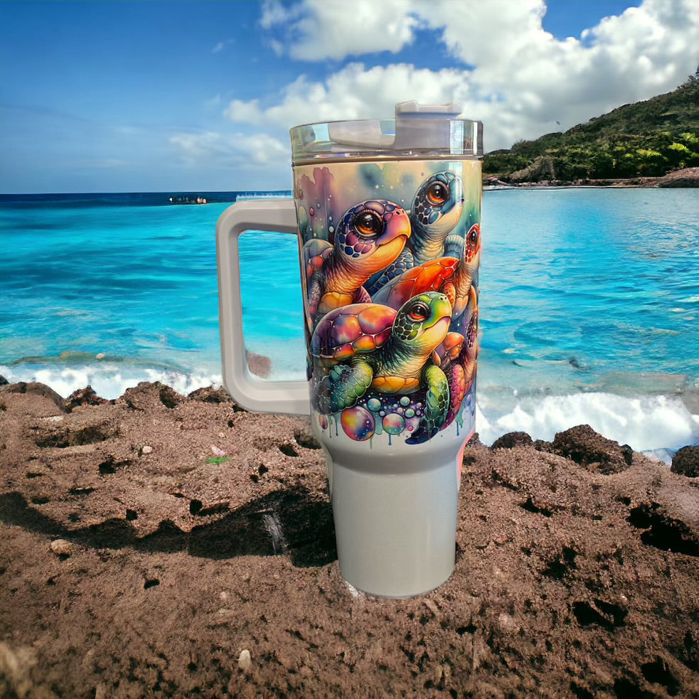 40oz Stanley Style Thirst Quencher Tumblers- Sea Turtle holographic sparkle