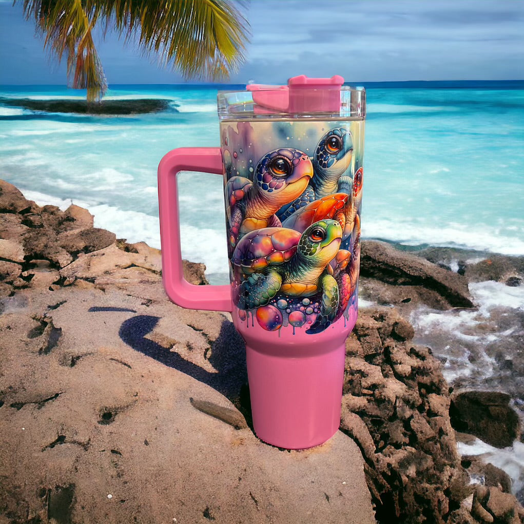 40oz Stanley Style Thirst Quencher Tumblers- Sea Turtle holographic sparkle