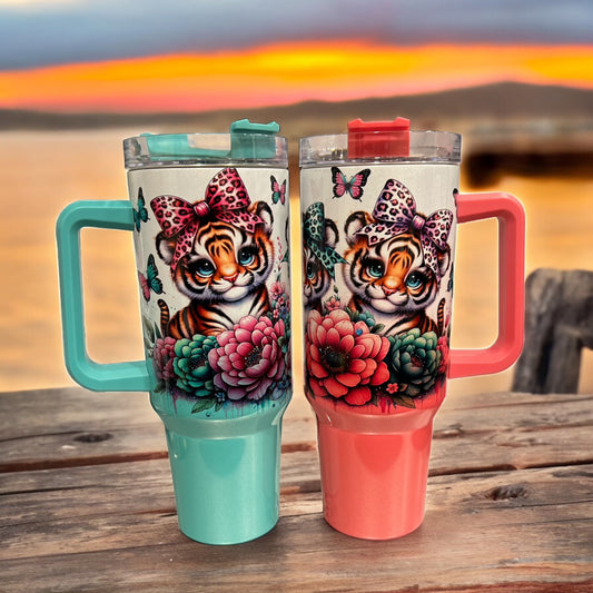 40oz Stanley Style Thirst Quencher Tumblers- Tigers holographic sparkle