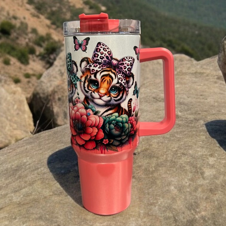 40oz Stanley Style Thirst Quencher Tumblers- Tigers holographic sparkle