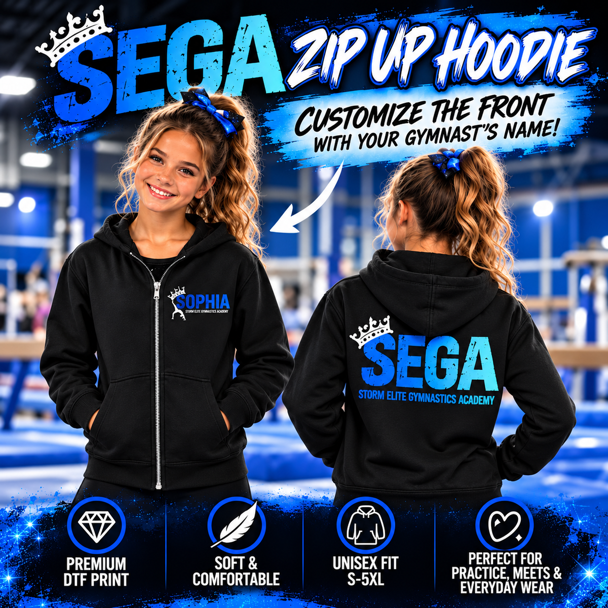 SEGA Personalized Gymnastics Zip-Up Hoodie | Custom Gymnast Name | Storm Elite Gymnastics Academy