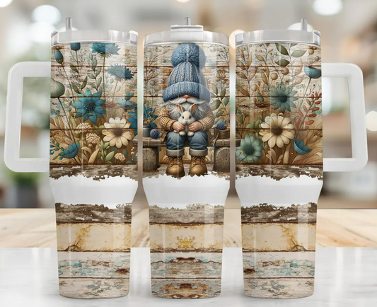 Rustic Gnome with Bunny 40oz Stainless Steel Tumbler – Farmhouse Floral Sublimation Cup – Easter Gift Quencher Mug – Spring Gnome Drinkware