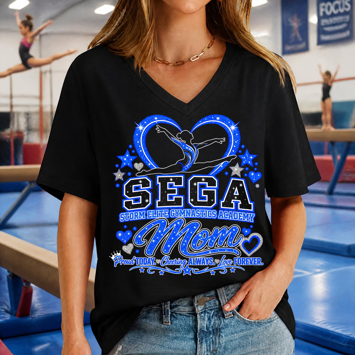 Gymnastics Mom SEGA Black V-Neck T-Shirt