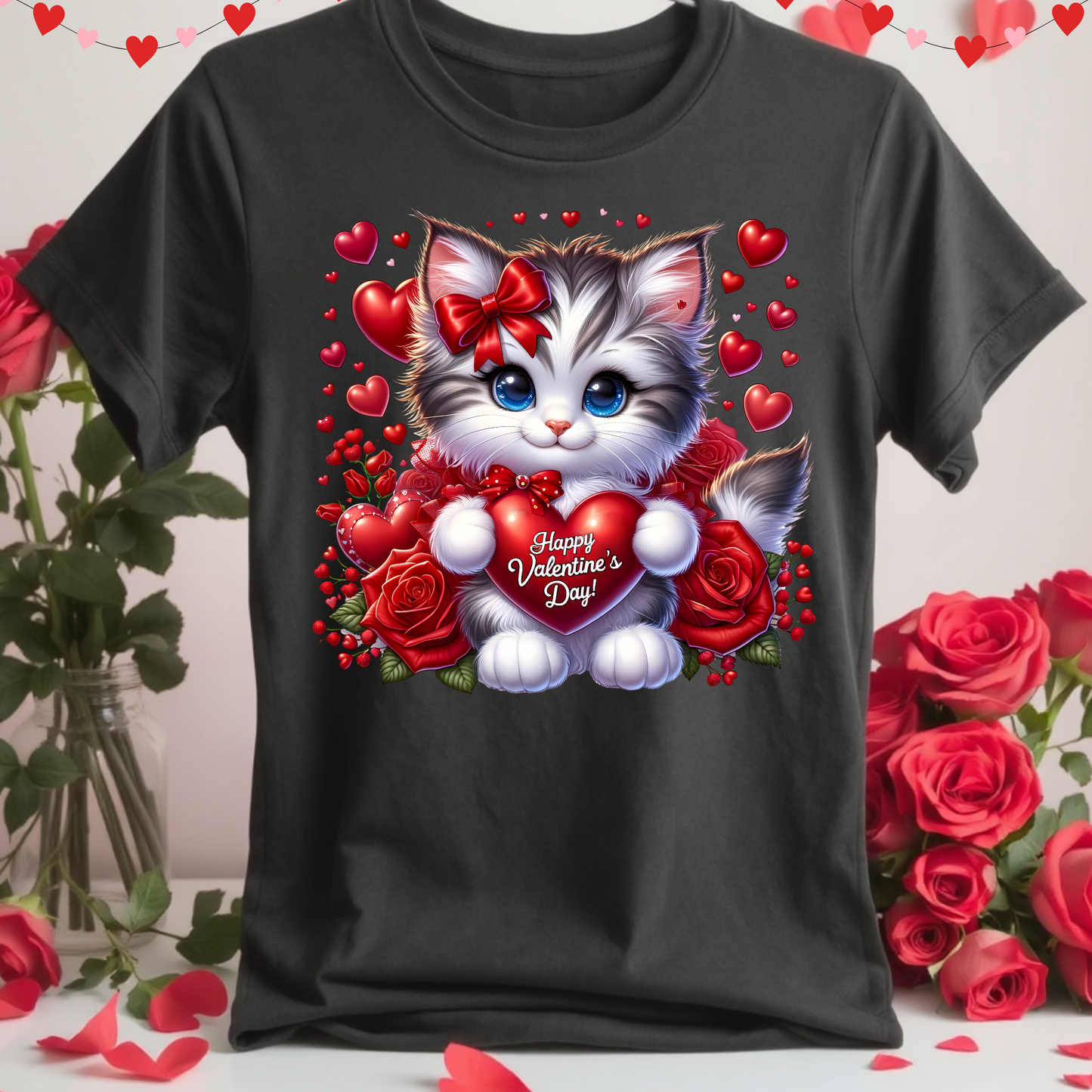 Children's Fun Cute Graphic T-Shirts and Sweaters -Adorable Cat with Red Hearts