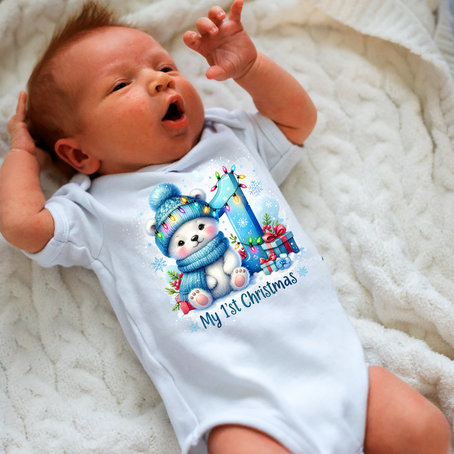 My First Christmas Baby Onesie- Blue Polar Bear