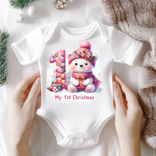 My First Christmas Baby Onesie- Pink Polar Bear