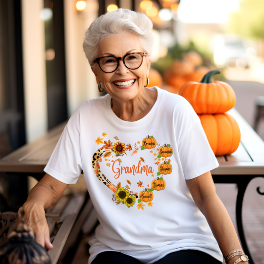 Personalized Fall Pumpkin Grandma Shirt – Custom Autumn T-Shirt, Hoodie, or Women’s V-Neck – Cute Fall Sweater Gift for Grandma