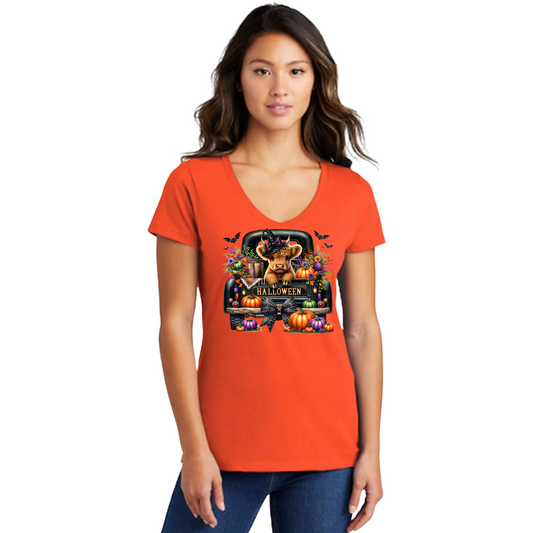 Spooky Season Meets Highland Charm Women's V Neck T Shirt