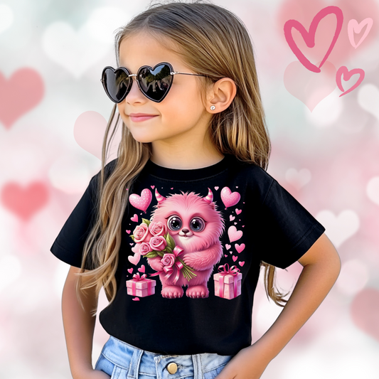 Valentines Fun Cute Graphic T-Shirts and Sweaters -Pink Monster with roses