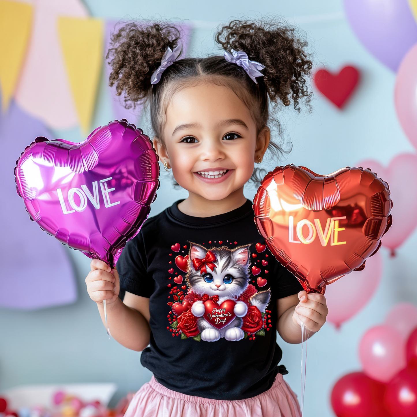 Children's Fun Cute Graphic T-Shirts and Sweaters -Adorable Cat with Red Hearts