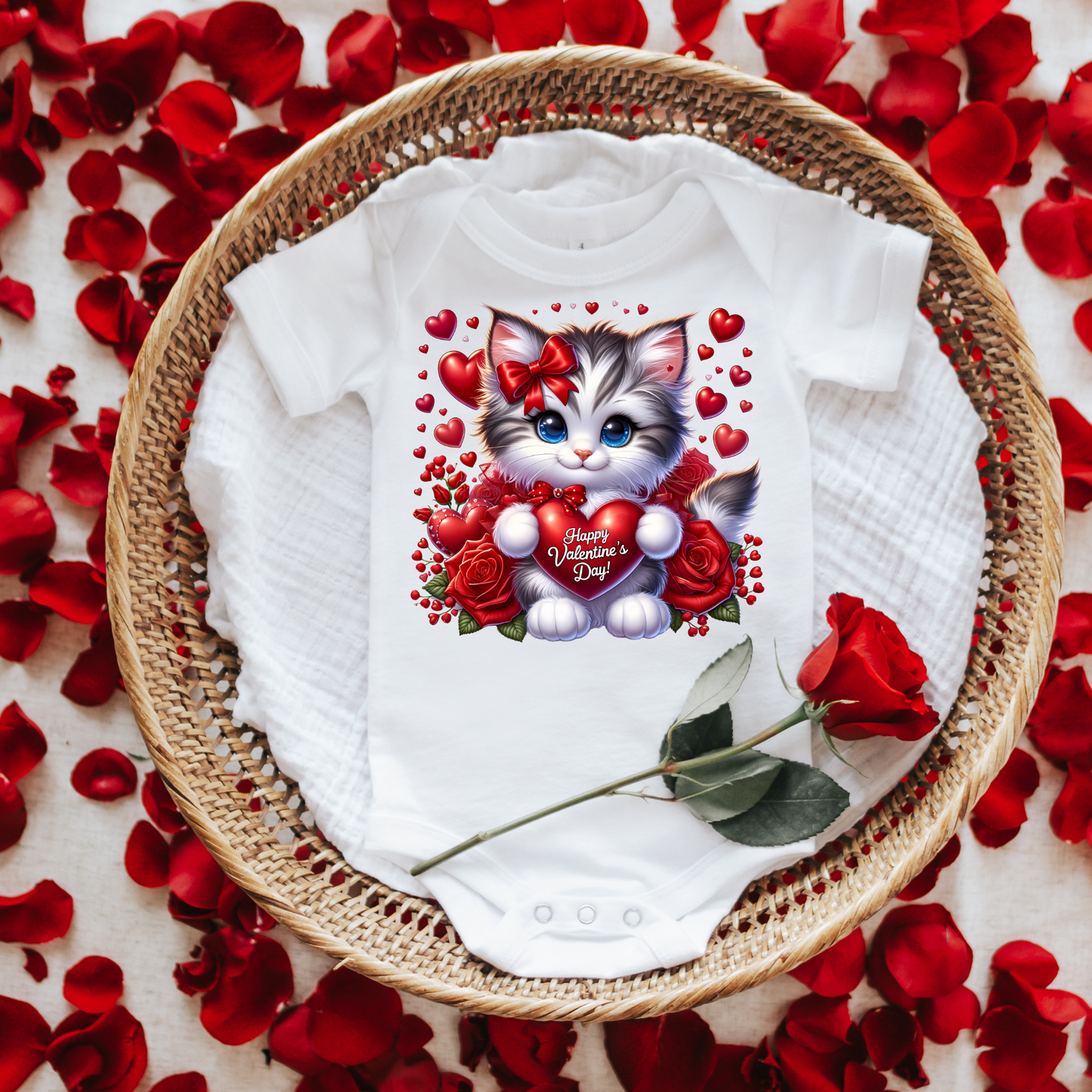 Children's Fun Cute Graphic T-Shirts and Sweaters -Adorable Cat with Red Hearts
