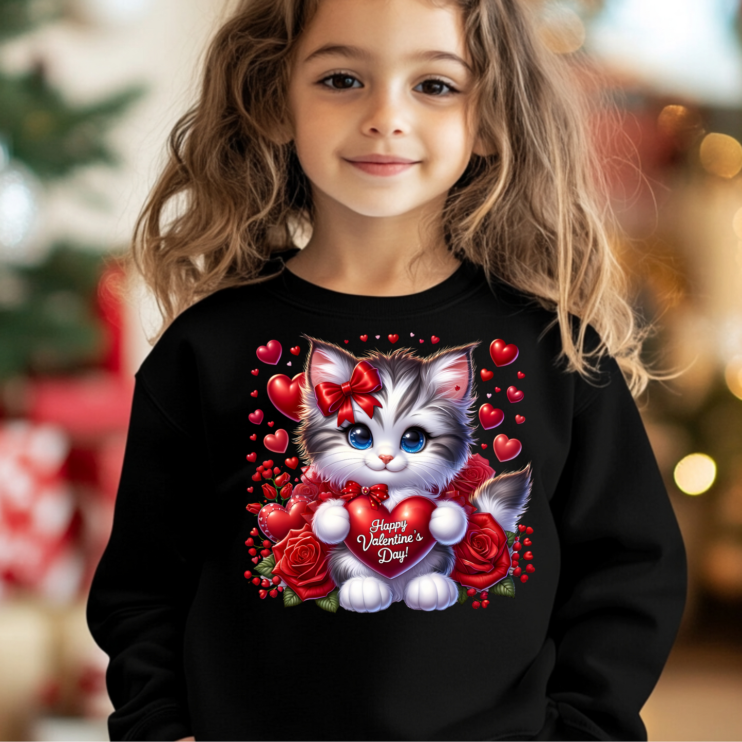 Children's Fun Cute Graphic T-Shirts and Sweaters -Adorable Cat with Red Hearts