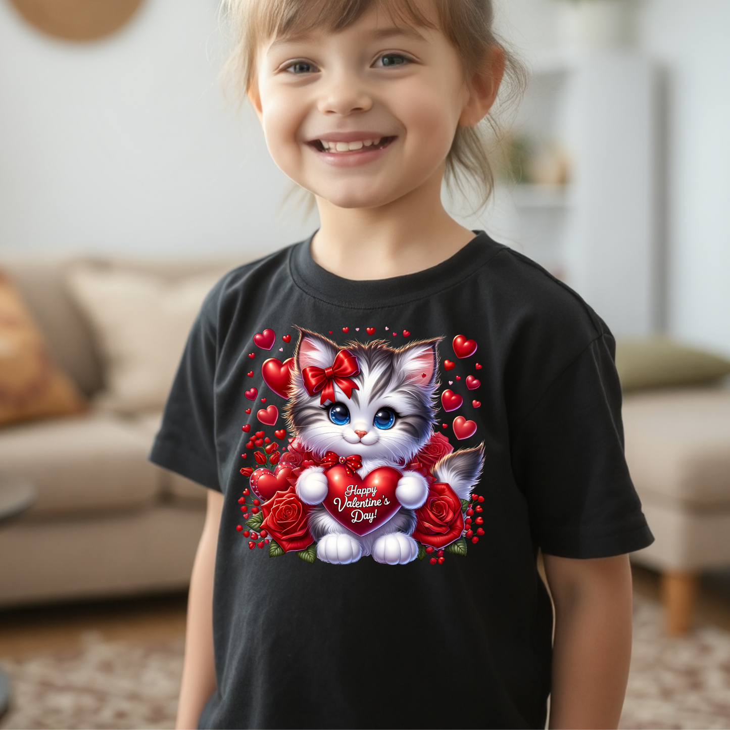 Children's Fun Cute Graphic T-Shirts and Sweaters -Adorable Cat with Red Hearts