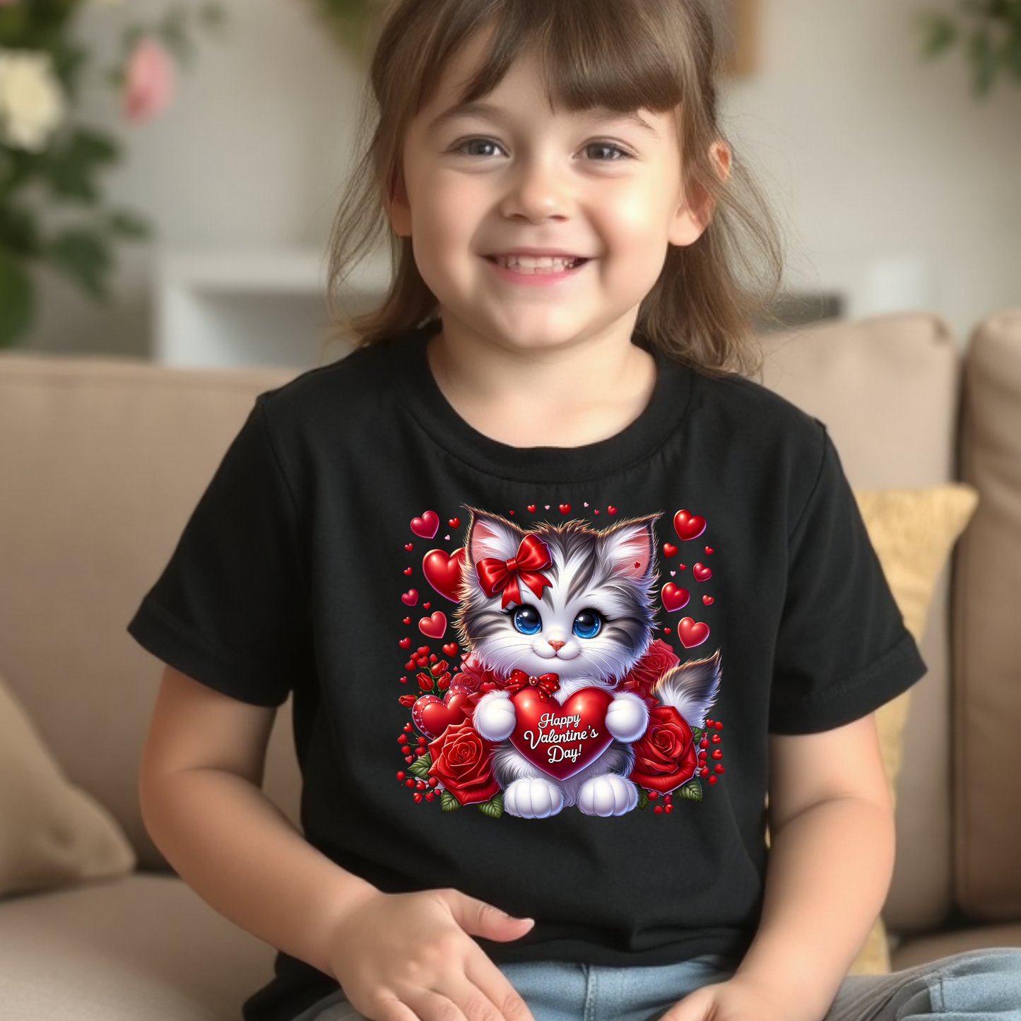 Children's Fun Cute Graphic T-Shirts and Sweaters -Adorable Cat with Red Hearts