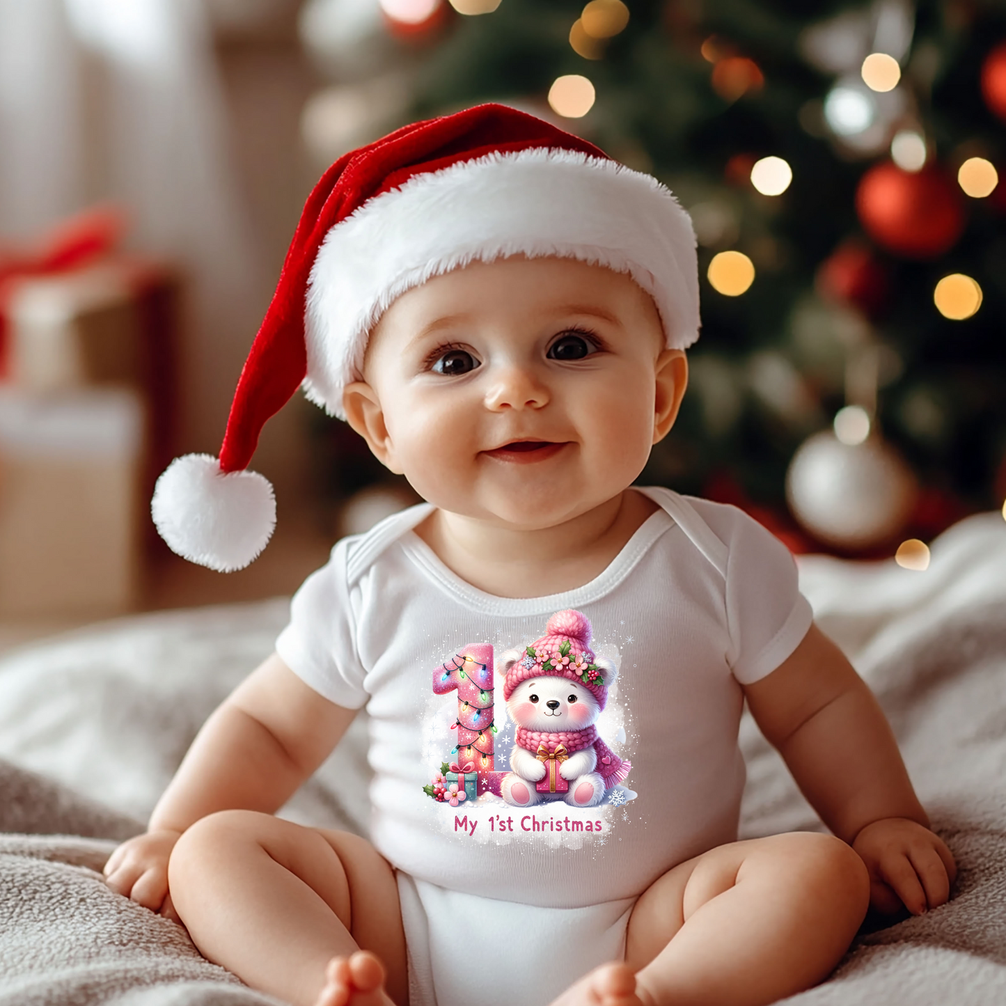 My First Christmas Baby Onesie- Pink Polar Bear