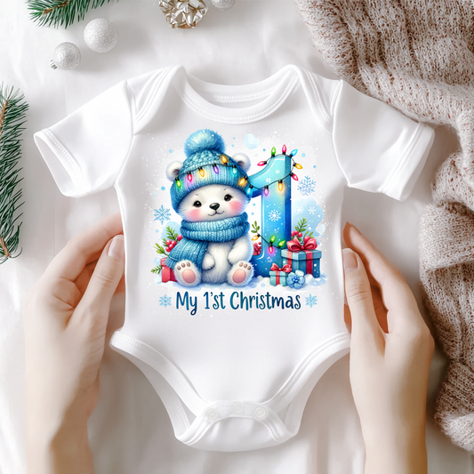 My First Christmas Baby Onesie- Blue Polar Bear