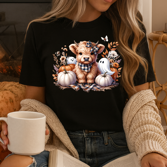 Fall Highland Cow T-Shirt with Pumpkins & Cute Ghosts | Cozy Autumn Tee (Plus Sizes S–6XL)