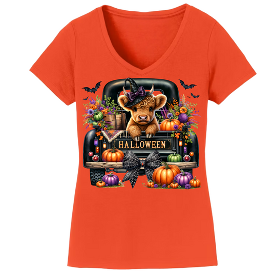 Spooky Season Meets Highland Charm Women's V Neck T Shirt