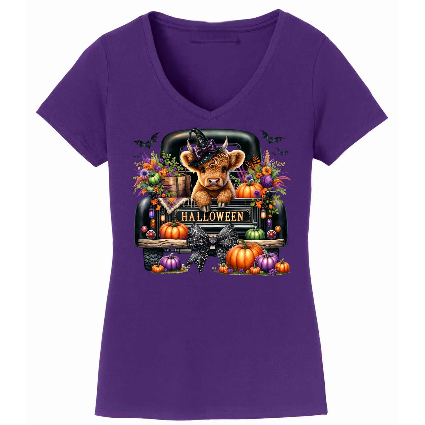 Spooky Season Meets Highland Charm Women's V Neck T Shirt